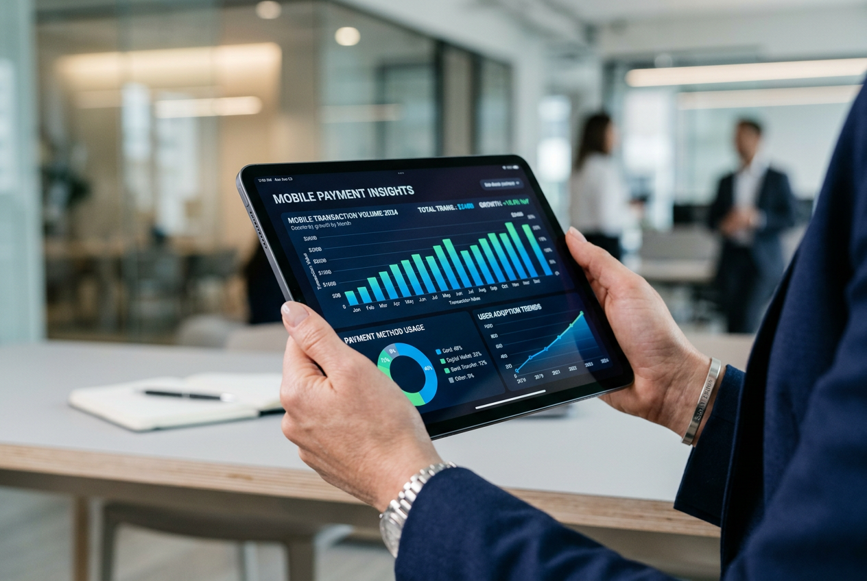 Analityk finansowy sprawdzający dane płatności mobilnych BLIK na tablecie