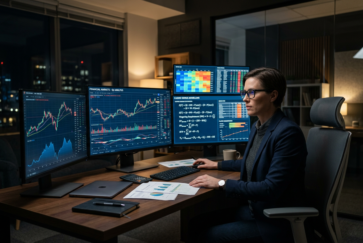 Audytor analizujący dane finansowe na ekranie monitora w nowoczesnym biurze
