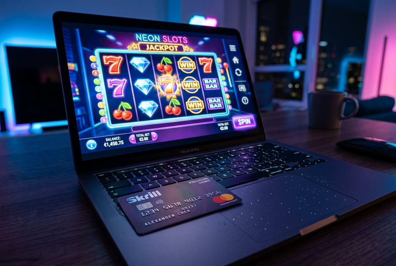 Karta płatnicza Skrill Mastercard obok laptopa z otwartym kasynem internetowym